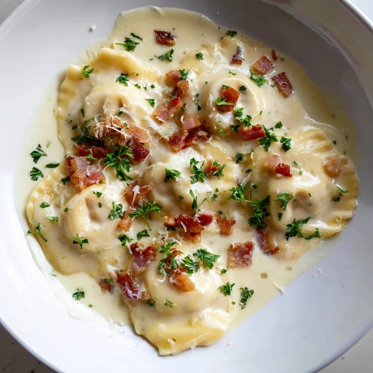 A close-up of delicious Olive Garden Ravioli Carbonara; imagine the flavorful, rich carbonara sauce coating each ravioli.