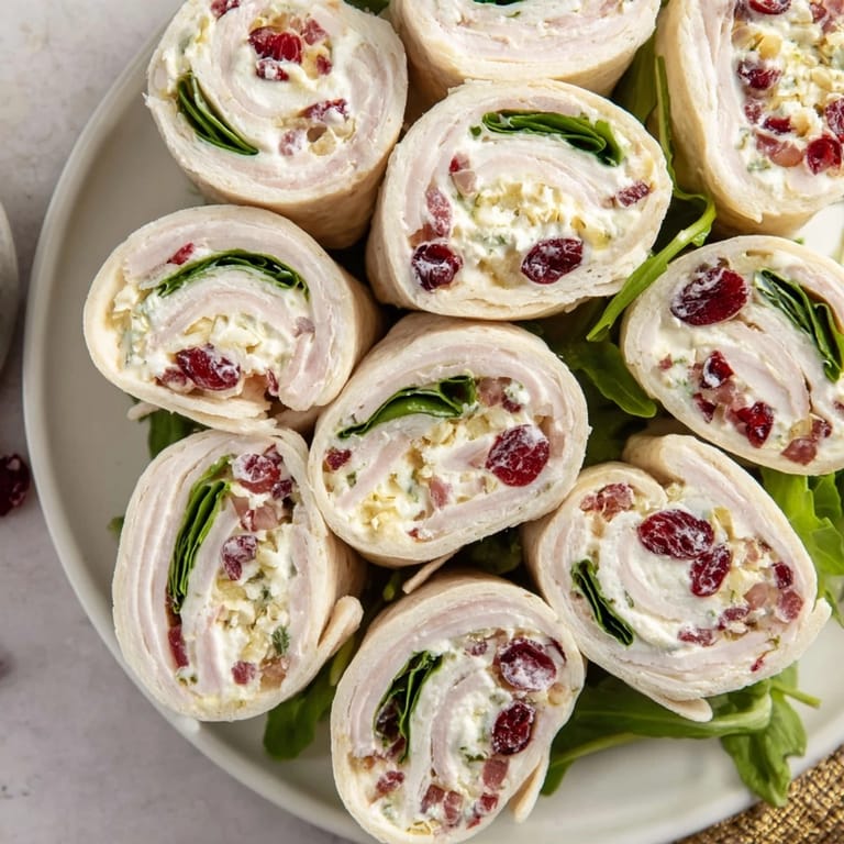 Tightly rolled turkey cranberry pinwheels, revealing colorful layers of turkey, cranberries, and spinach.