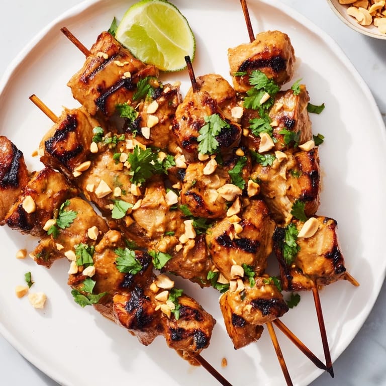 Vibrant close-up of delicious Spicy Peanut Satay Chicken Skewers garnished with fresh cilantro and crushed peanuts.