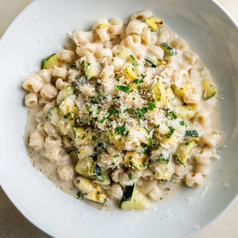 This photo features a steaming bowl of one-pot creamy zucchini ditalini, perfect for a quick, comforting dinner.
