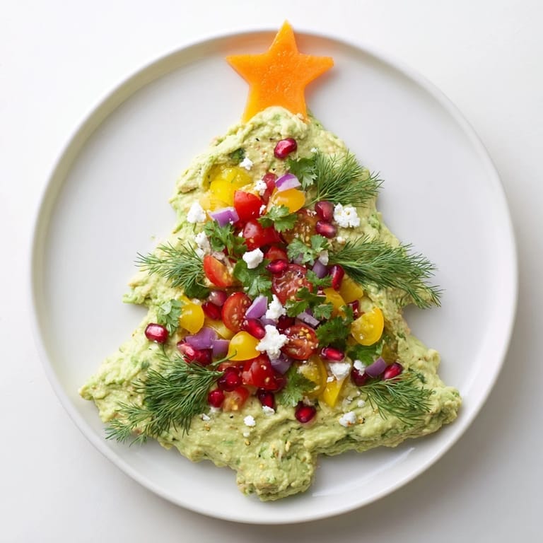 Vibrant Christmas tree made of whipped avocado dip, adorned with tomatoes and herbs, perfect for dipping.