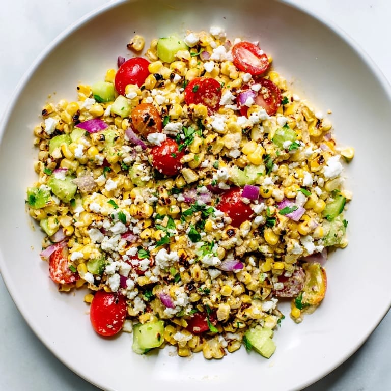 Enjoy a refreshing scoop of Mexican Street Corn Chopped Salad, with a creamy dressing, plus fresh herbs.