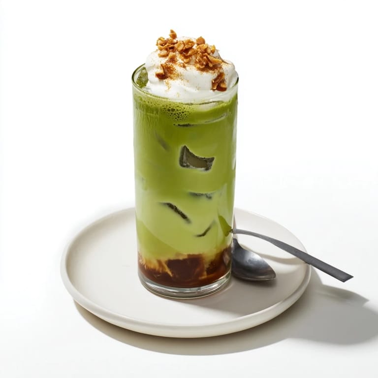 Cold brew coffee and bright green matcha create a stunning Caramel Brulée Iced Matcha Christmas Coffee.
