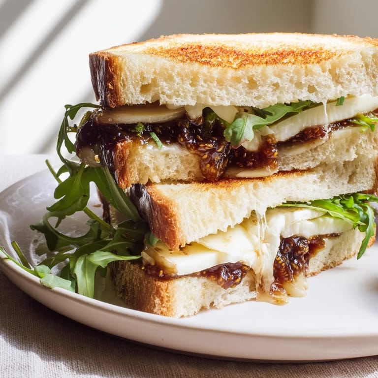 Crispy sourdough filled with creamy Brie, fig, and arugula: a fancy grilled cheese creation.