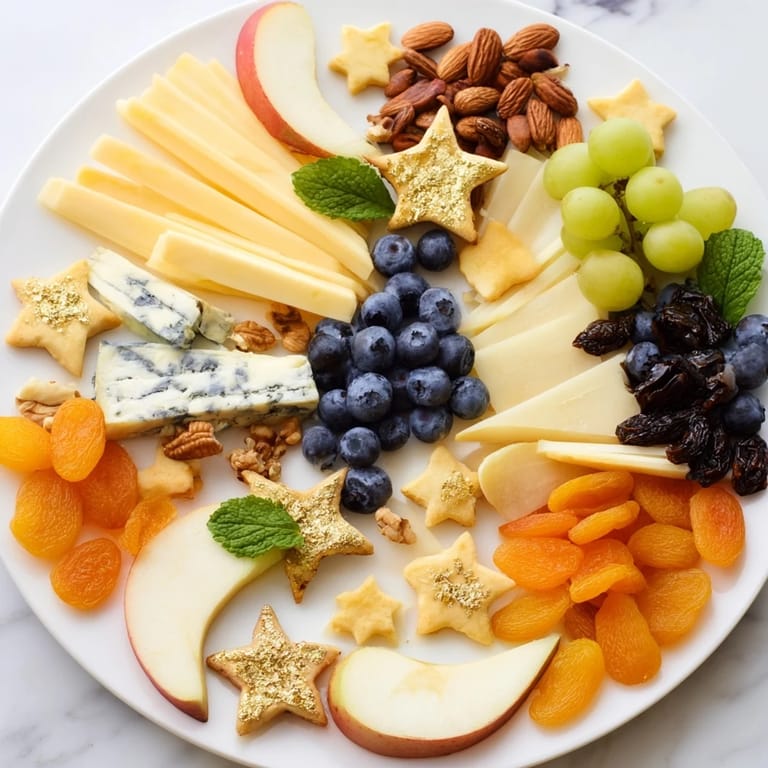 This Moon & Stars Night Board features creamy cheeses, fresh fruits, and sweet treats ready to be savored.
