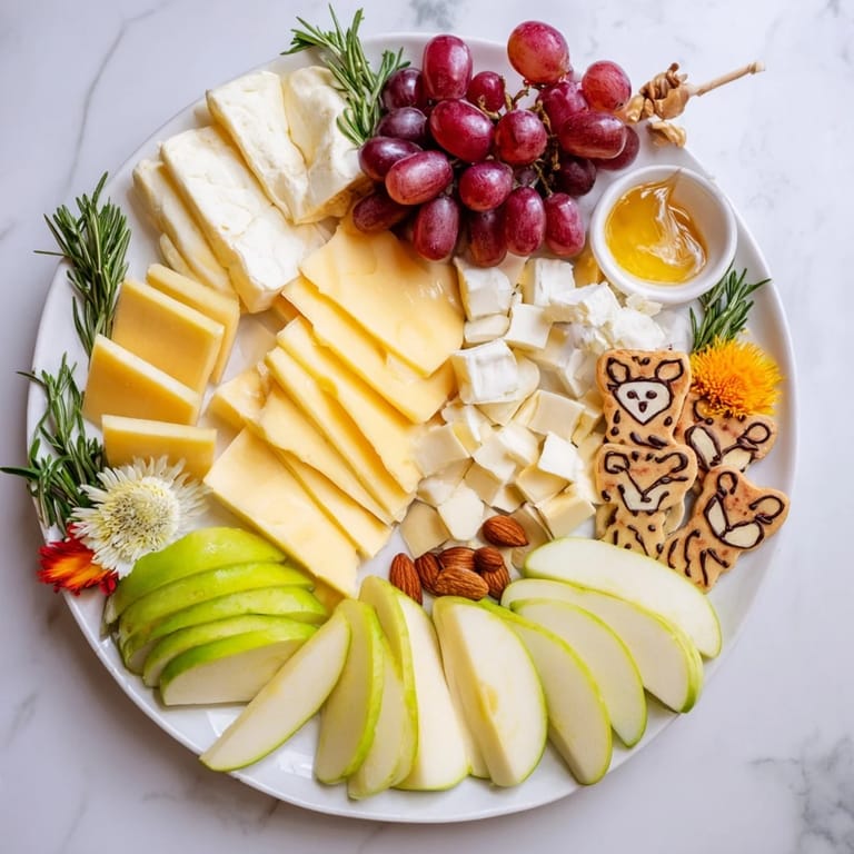 This Cozy Forest Animal Board displays an array of cheeses, meats, and fruits arranged artfully on a wooden board.