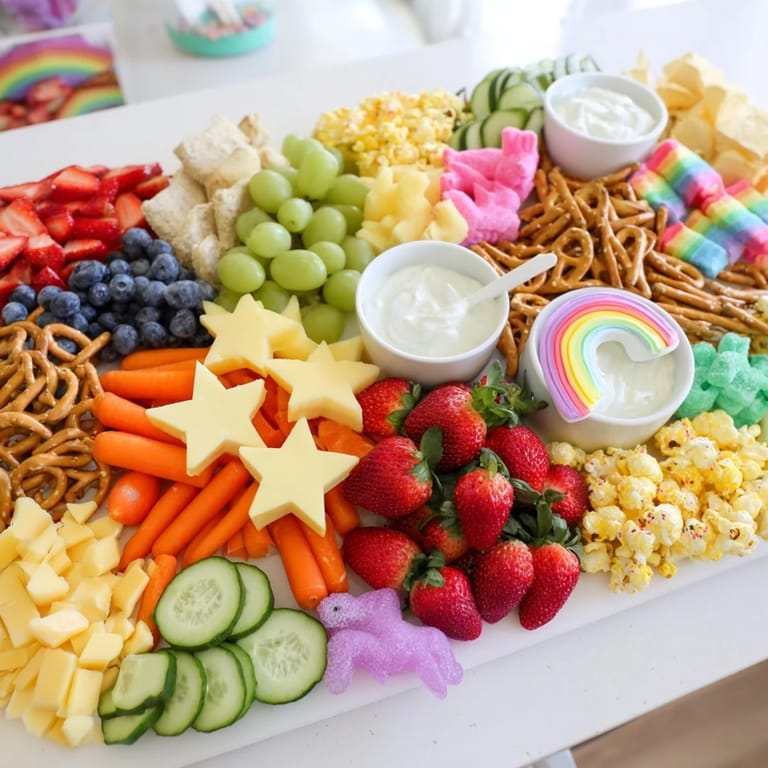 This Unicorn Party Platter bursts with rainbow treats: cheese, cookies, and sweet dips.