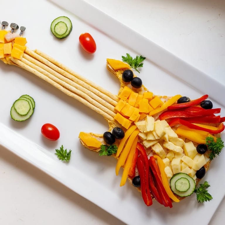 The delicious Rock Star Guitar Snack Platter features salami, cheeses, and dips, arranged visually on a platter.
