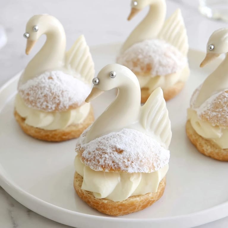 A close-up of elegant swan petit fours, dusted with powdered sugar, ready for an afternoon tea.