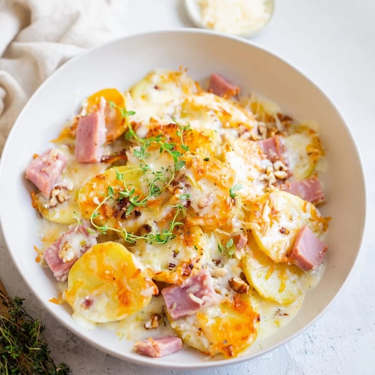 Image of a warmly-lit French Plateau Moufle Chaud et Confortable, filled with layers of tender potatoes and melted cheese.