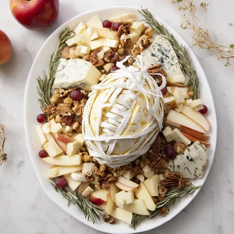 Enjoy a festive Rugby Ball Cheese Board featuring a beautiful oval display of cheeses, nuts, and charcuterie.