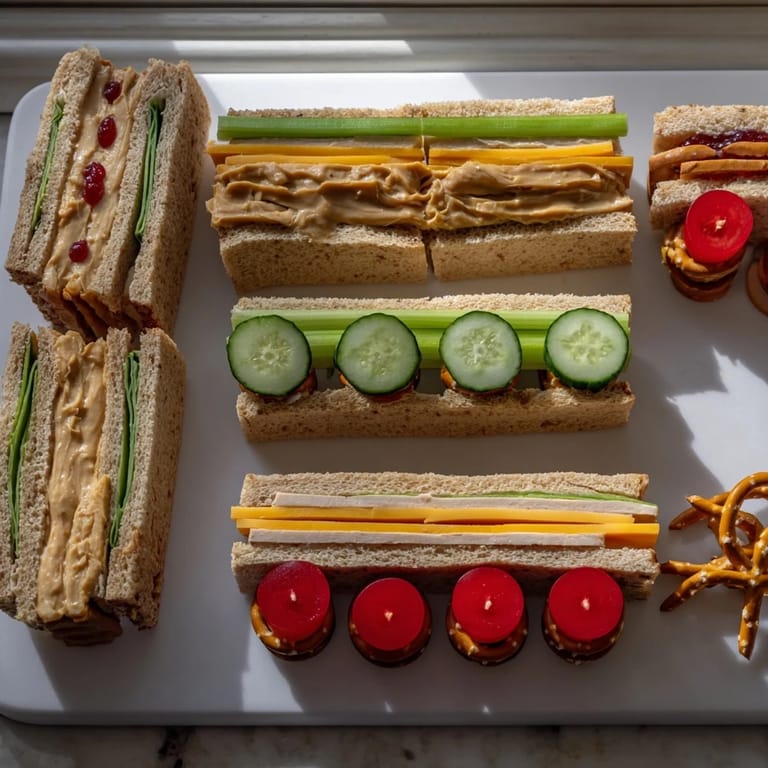 Train Track Sandwich Board featuring creative miniature sandwiches on celery tracks, decorated with colorful veggies.