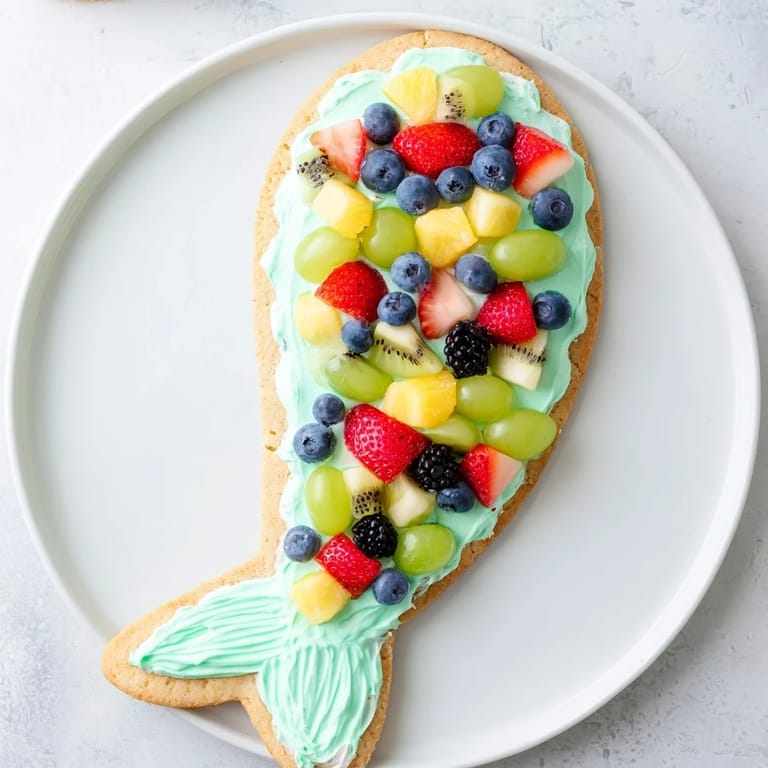 Imagine the fun: A beautiful Under the Sea Mermaid Tail Fruit Pizza ready to be sliced and enjoyed at any party.