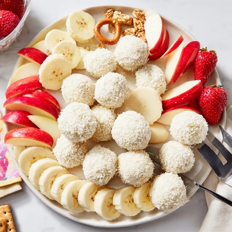 This festive Marshmallow Snowball Dip Platter features snowy coconut balls with colorful dippers, perfect for parties.