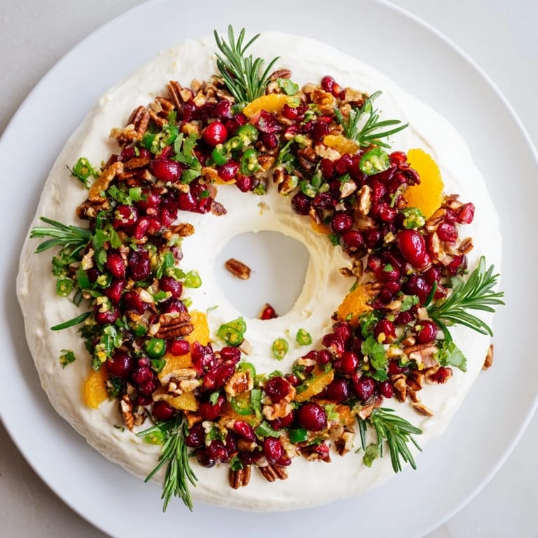 Beautifully decorated holiday appetizer, a Cranberry Feta Dip Wreath, surrounded by rosemary and ready to share.