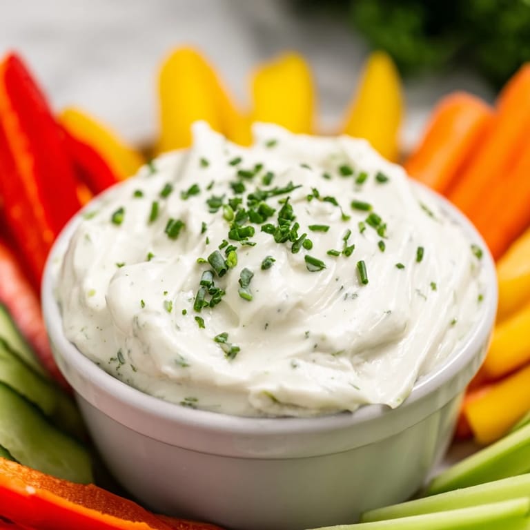 Freshly-made Kids Dip: Cream Cheese and Ranch Dip, perfect for dipping vibrant, crunchy vegetable sticks.
