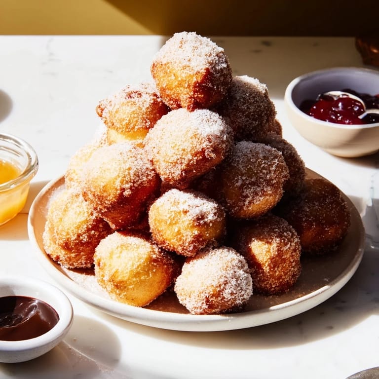 Golden-brown powdered donut holes showcased in a dramatic mountain, perfect for dessert enjoyment.