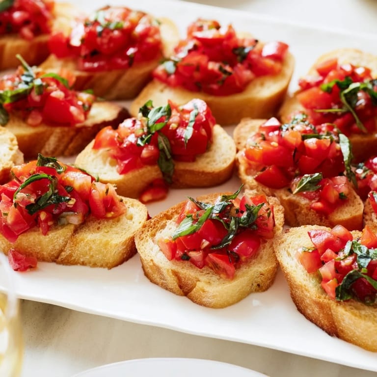 A beautiful diagonal display of Bruschetta Toasts, showcasing their fresh vibrant ingredients and simplicity.