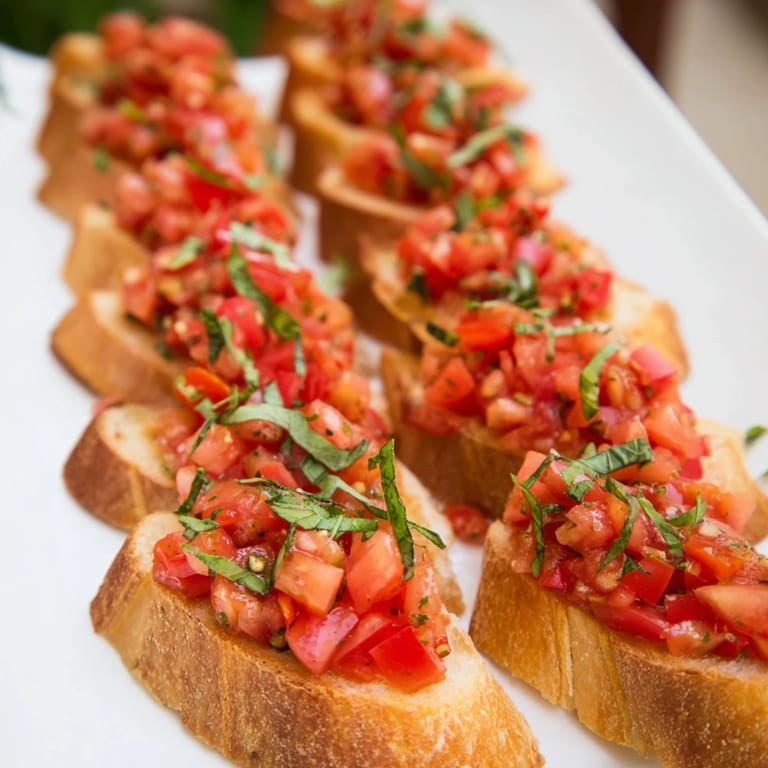 Appetizing Bruschetta Toasts, generously piled with tomato mixture, ready for a delicious Italian appetizer.