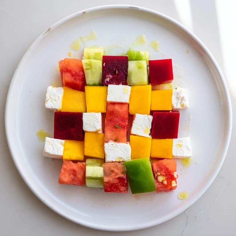 This artful Cube Geometry Study showcases perfectly cubed ingredients arranged on a serving plate.