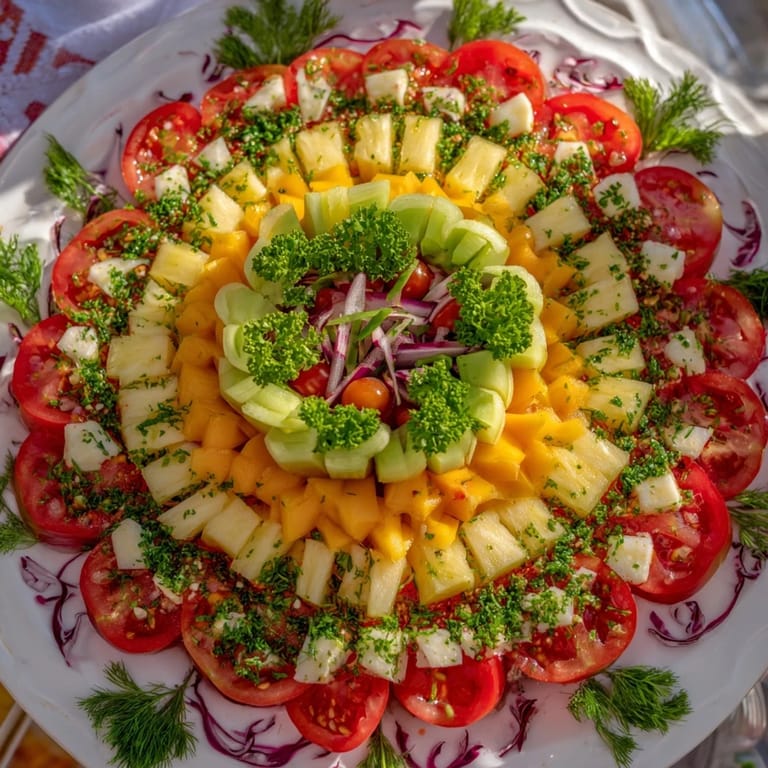 A beautiful concentric rings of flavor salad: imagine the bright colors and textures of each delicious ring.