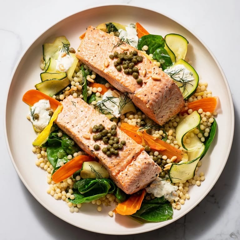 A plated Infinity Loop recipe showcasing vibrant veggies and succulent salmon with a creamy yogurt drizzle.