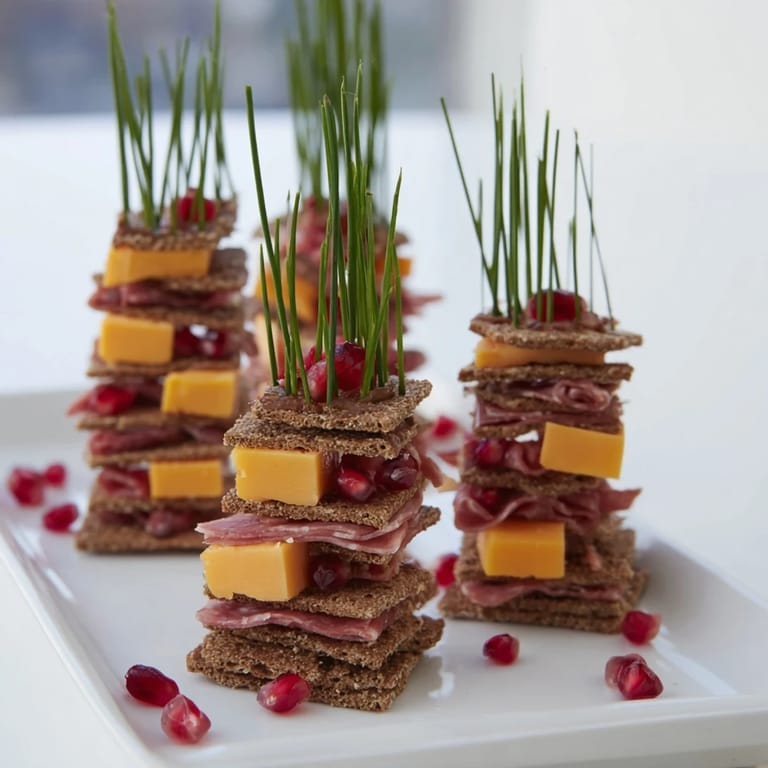 Savory Layered Urban Skyline appetizer: crackers stacked with cheese, meat ribbons, and vivid chives, ready to serve.