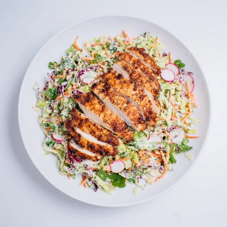 This Green Goddess Cabbage Slaw with Grilled Chicken features tender chicken and a bright, flavorful dressing.