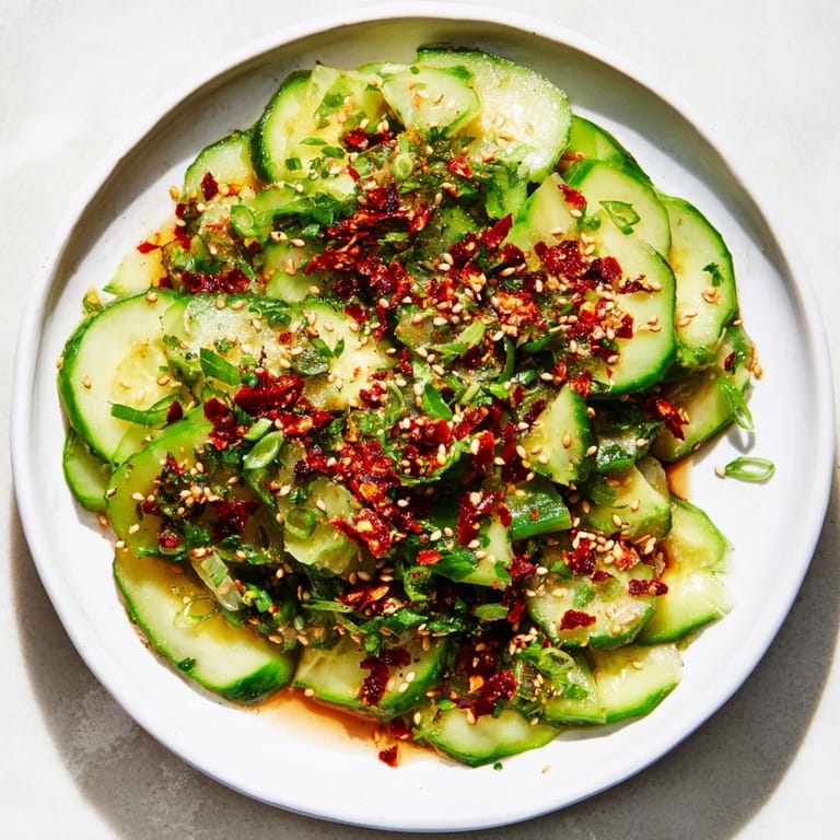 Vibrant photo of a Cucumber Shaker Salad, tossed with a savory dressing and crunchy chili crisp.