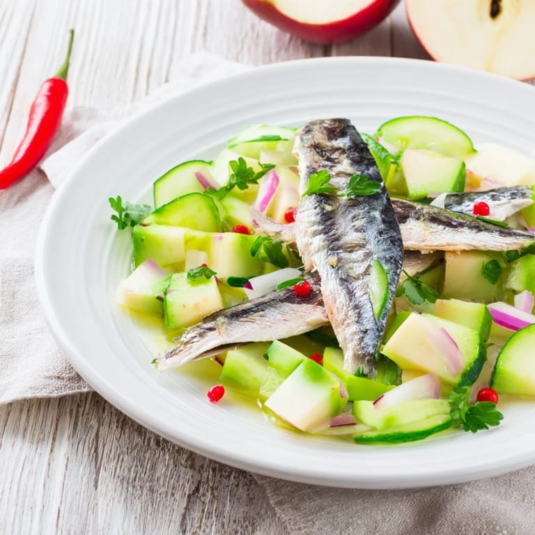 A close-up of refreshing Cucumber and Tinned Fish Date Night Salad, perfect for a light, delicious dinner at home.