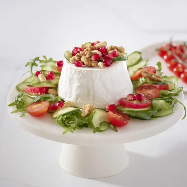 Radiating from the cheese, a vibrant Zenith Point salad showcases fresh tomatoes, cucumber, plus a soft cheese.
