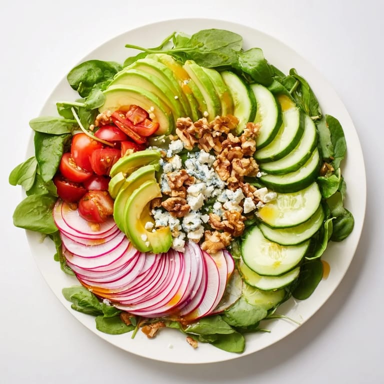 This beautiful Fibonacci Fan Salad features a colorful layout, drizzled with a light lemon vinaigrette.