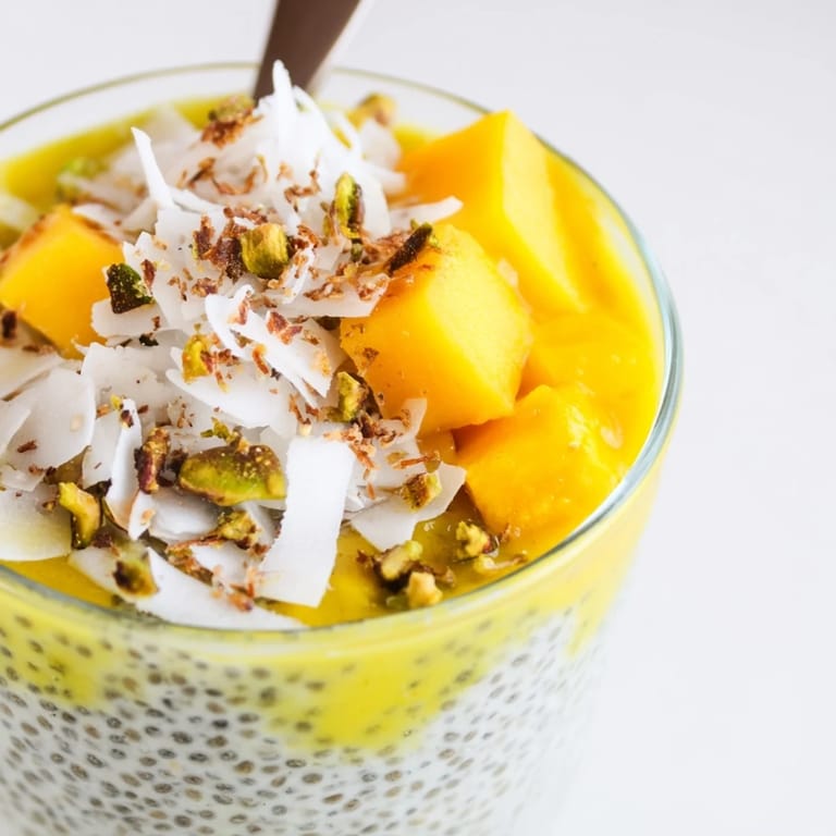 Vibrant photo of Mango Coconut Chia Pudding, a refreshing vegan dessert with tropical flavors.