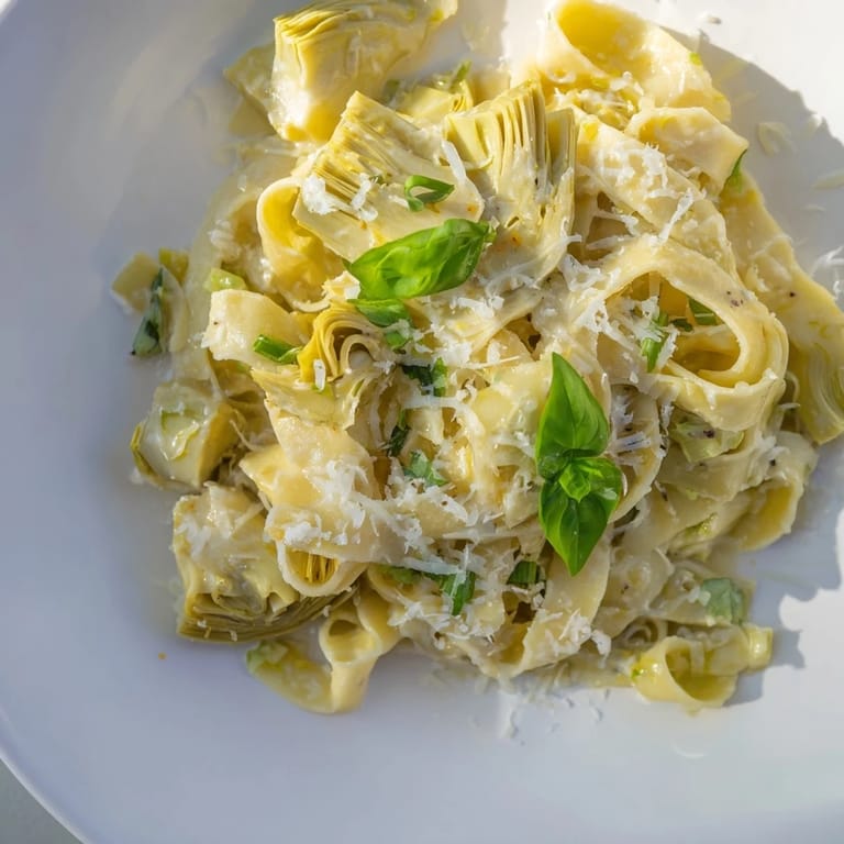 Golden strands of Creamy Lemon Artichoke Pasta, served with fresh basil in a bright, creamy sauce.