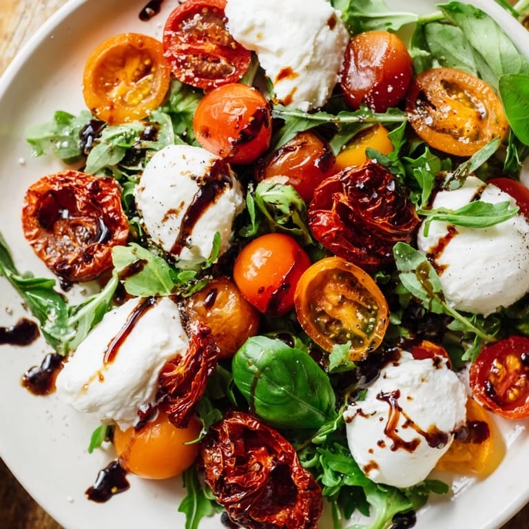 Imagine a beautiful Tomato Flight Salad: fresh, roasted, and sun-dried tomatoes with drizzled balsamic glaze.