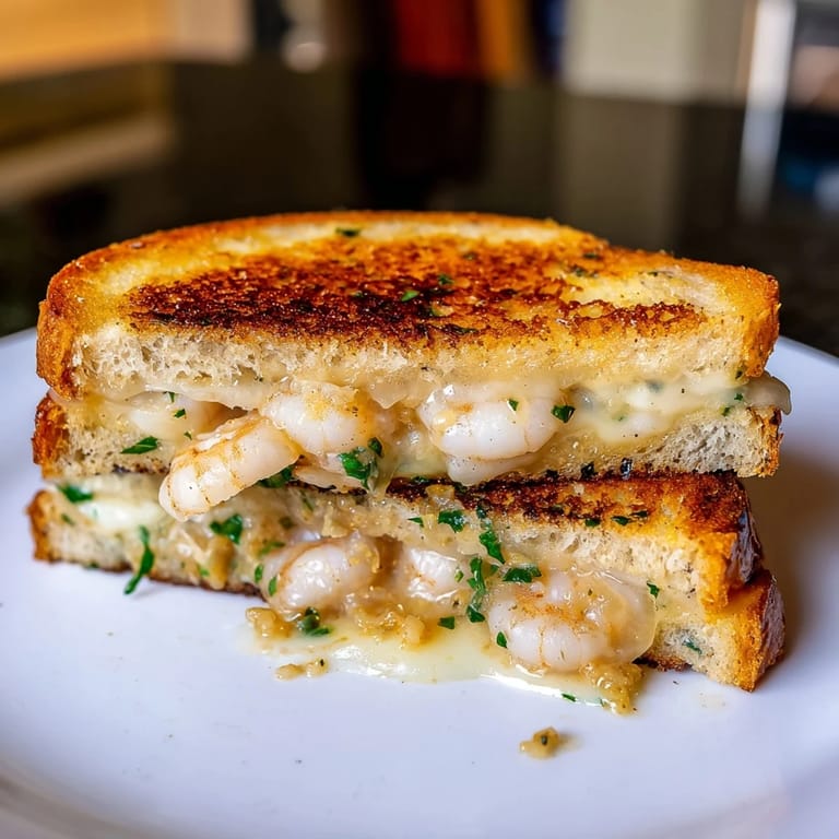 Melting mozzarella and cheddar with flavorful garlic shrimp make this Quick Shrimp Grilled Cheese irresistible!