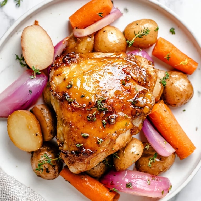 Tender Maple Dijon Chicken Thighs on a sheet pan, showcasing the glazed skin alongside colorful, roasted vegetables.