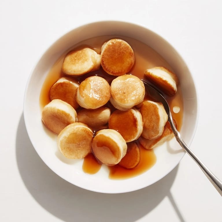 A close-up of delicious, mini Fluffy Pancake Cereal bathed in syrup and paired with milk.