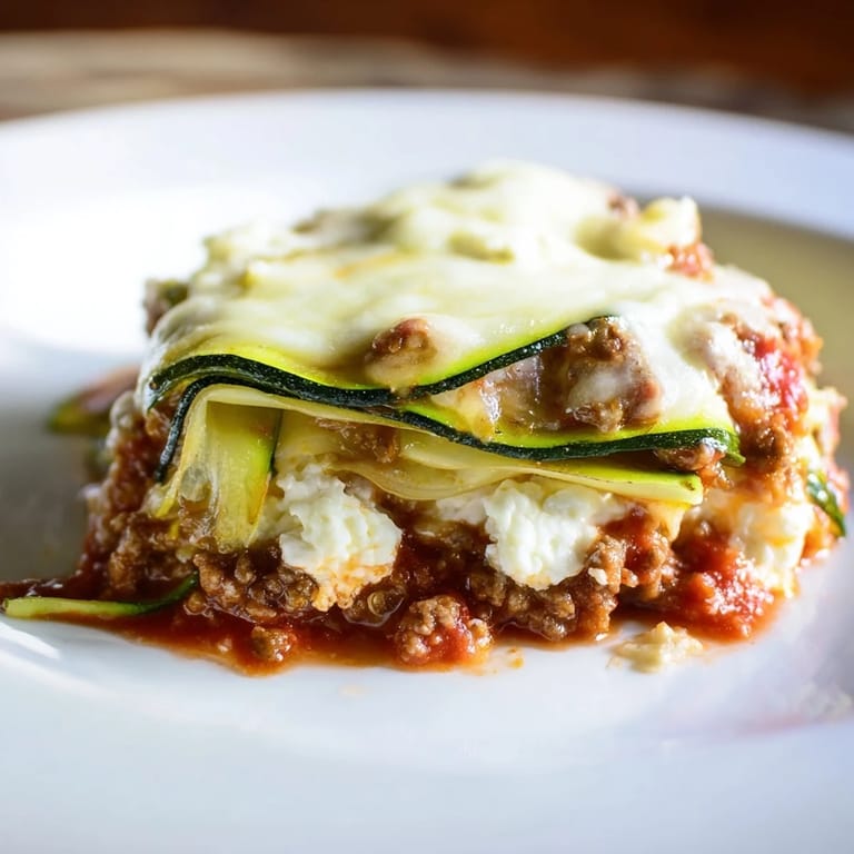 A close-up of a Zucchini Lasagna Skillet, revealing layers of cheese, tender zucchini, and savory ground beef.