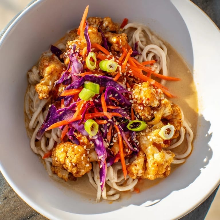 Close-up of hearty Chaos Cooking Buffalo Cauliflower Ramen, featuring crispy cauliflower, creamy broth, and fresh, colorful garnishes.