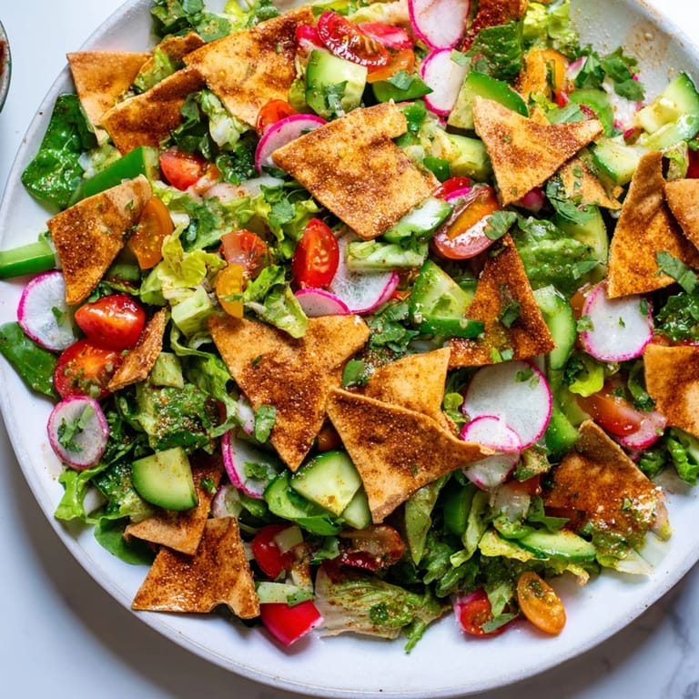 This flavorful Fattoush Crunch Salad features a lively sumac dressing coating crisp greens and crunchy pita pieces.