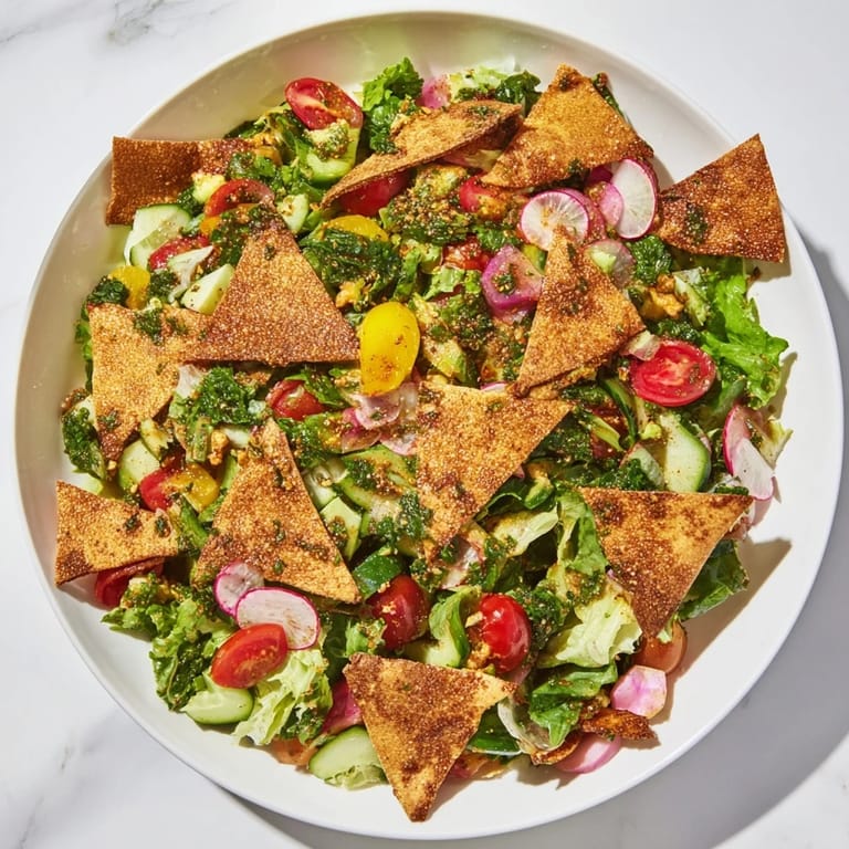 Enjoy the refreshing Fattoush Crunch Salad loaded with chopped herbs, tomatoes, and a tangy, zesty flavor profile.