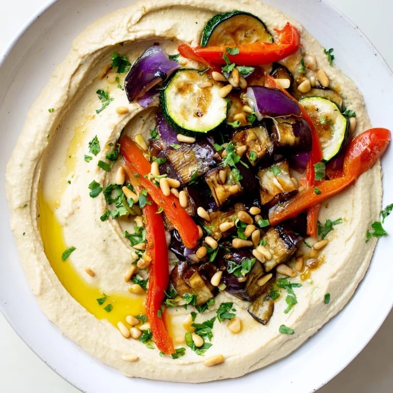Golden toasted pine nuts and fresh parsley enhance the aromatic flavors of these Hummus Roasted Veggies.