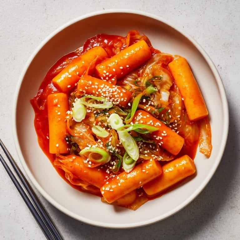 A close-up of classic Korean street food Tteokbokki, showcasing soft rice cakes simmering in a spicy sweet glaze, with slices of onion and optional boiled eggs.  