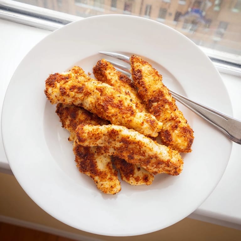 Juicy chicken tenders coated in seasoned flour crust, fried to a perfect golden-brown crisp, ideal for a family dinner.