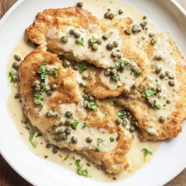 Juicy golden chicken piccata served over fettuccine with fresh parsley and bright lemon zest. 