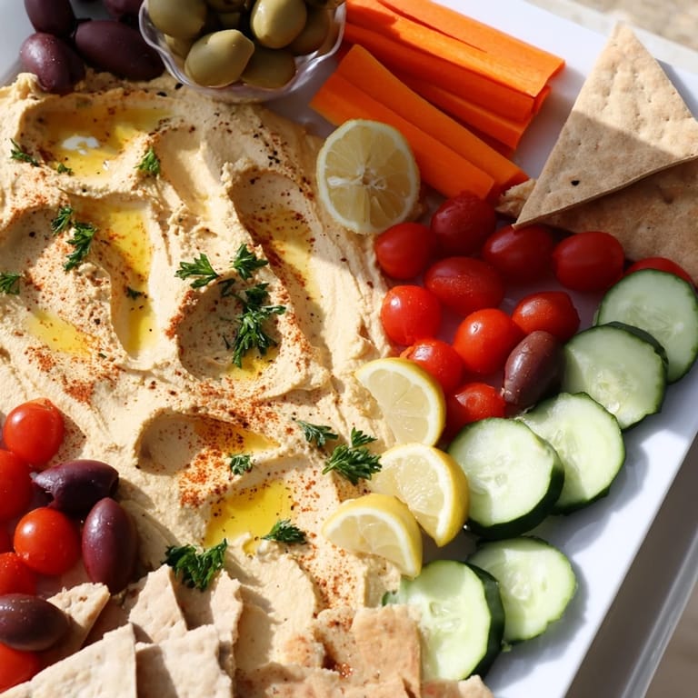 A vibrant Middle Eastern Mezze Platter with creamy hummus, marinated olives, feta cubes, and crisp vegetables on warm pita.