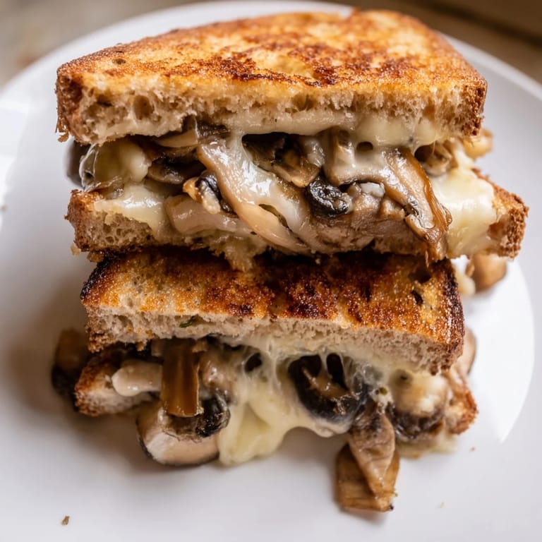 A close-up view of a crispy Mushroom Swiss Grilled Cheese, revealing melted Swiss cheese and sautéed mushrooms on rye bread.