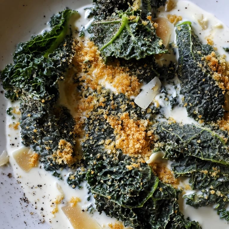 A vibrant Garlic Parmesan Kale Salad with tender leaves, crunchy breadcrumbs, and a light lemony scent.