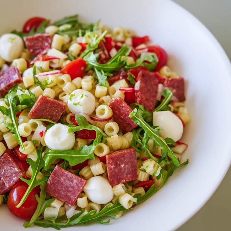 Bowls of colorful Spring Antipasto Pasta Salad with halved cherry tomatoes, pickled giardiniera, and thin red onion slices, perfect for a spring gathering.
